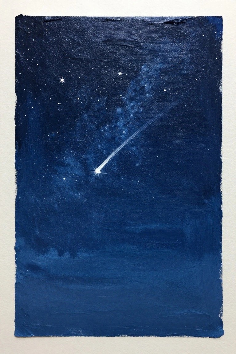 Dark blue night sky painting with scattered stars and a bright shooting star