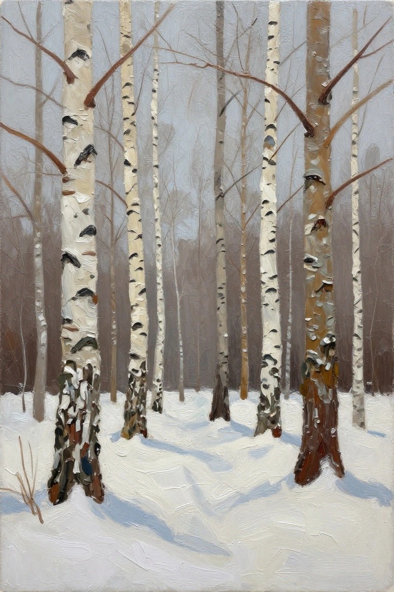 Snowy birch forest with tall white trunks, bare branches, and blue shadows.