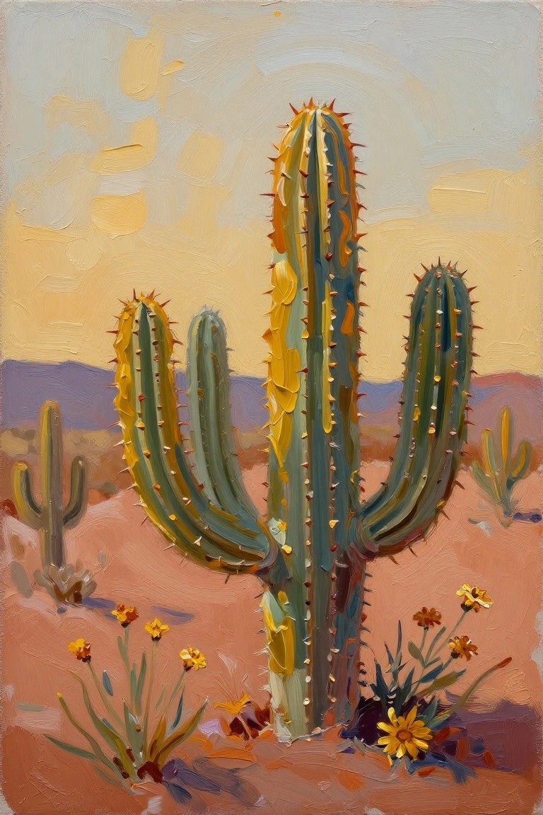 Oil painting of tall green saguaro cacti with yellow flowers in desert landscape