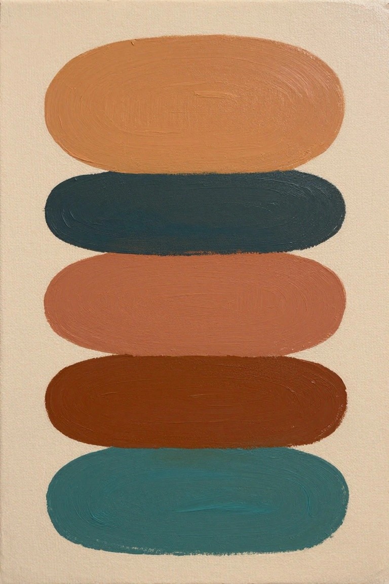 Five stacked ovals in orange, teal, rust, brown, and blue on beige.
