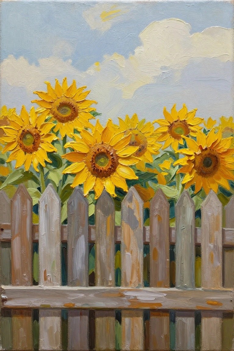 Yellow sunflowers behind a wooden picket fence beneath a cloudy blue sky.