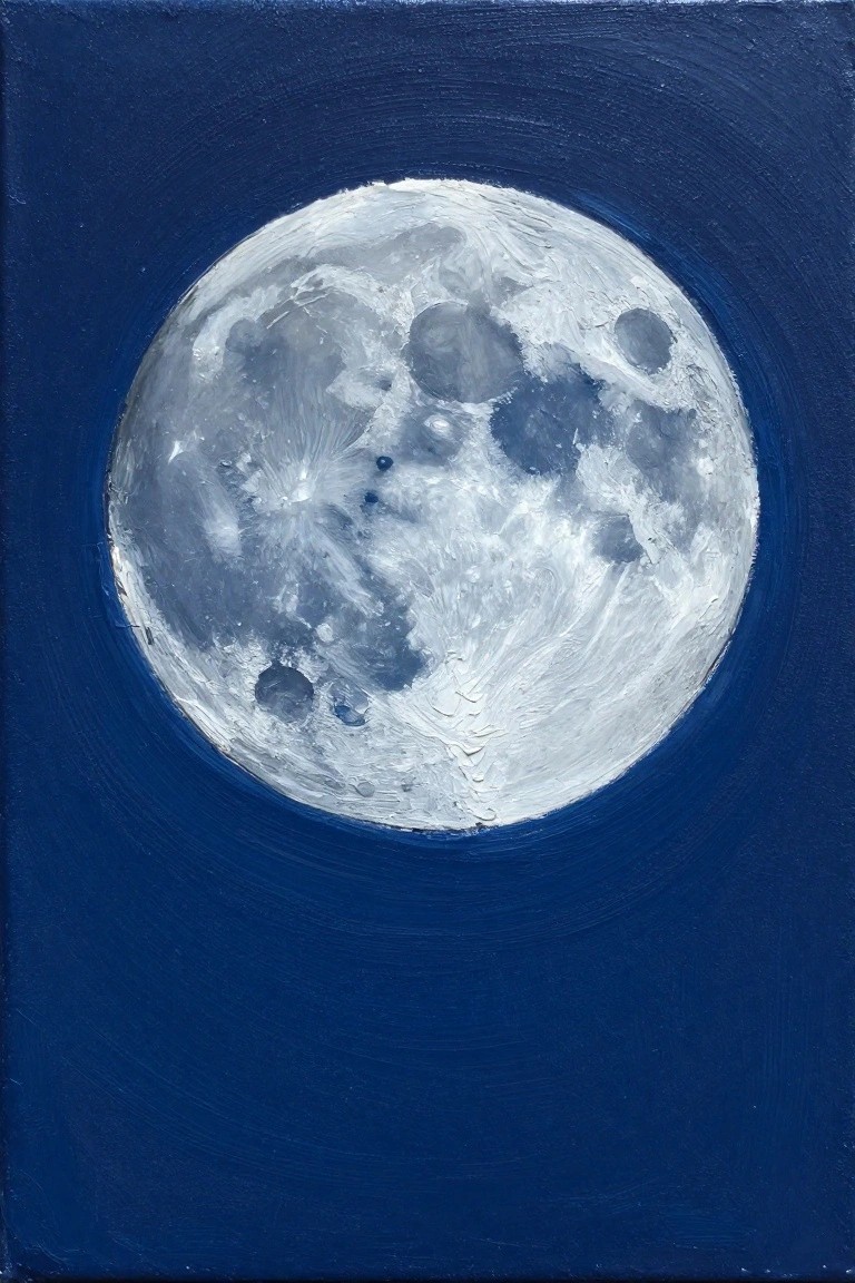 Textured full moon painting with craters in white and gray on deep blue.