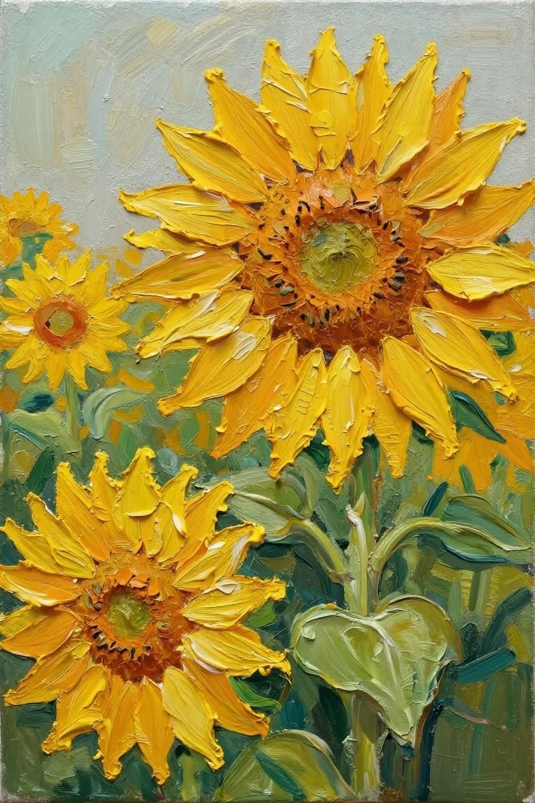 Thickly textured yellow sunflowers with green leaves in oil painting style