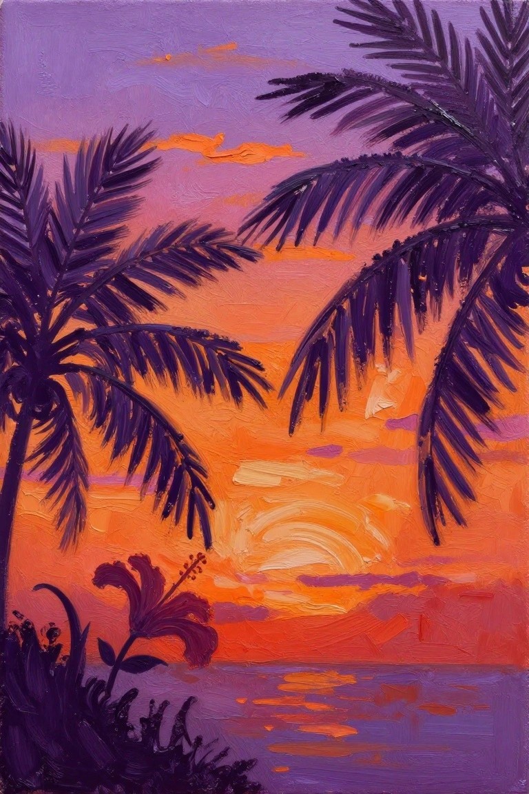 Vibrant oil painting of tropical sunset with silhouetted palms, red hibiscus, and glowing water.