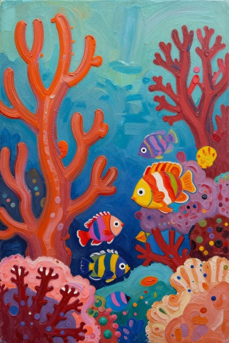 Vibrant underwater scene with colorful fish amid orange and red coral reefs.