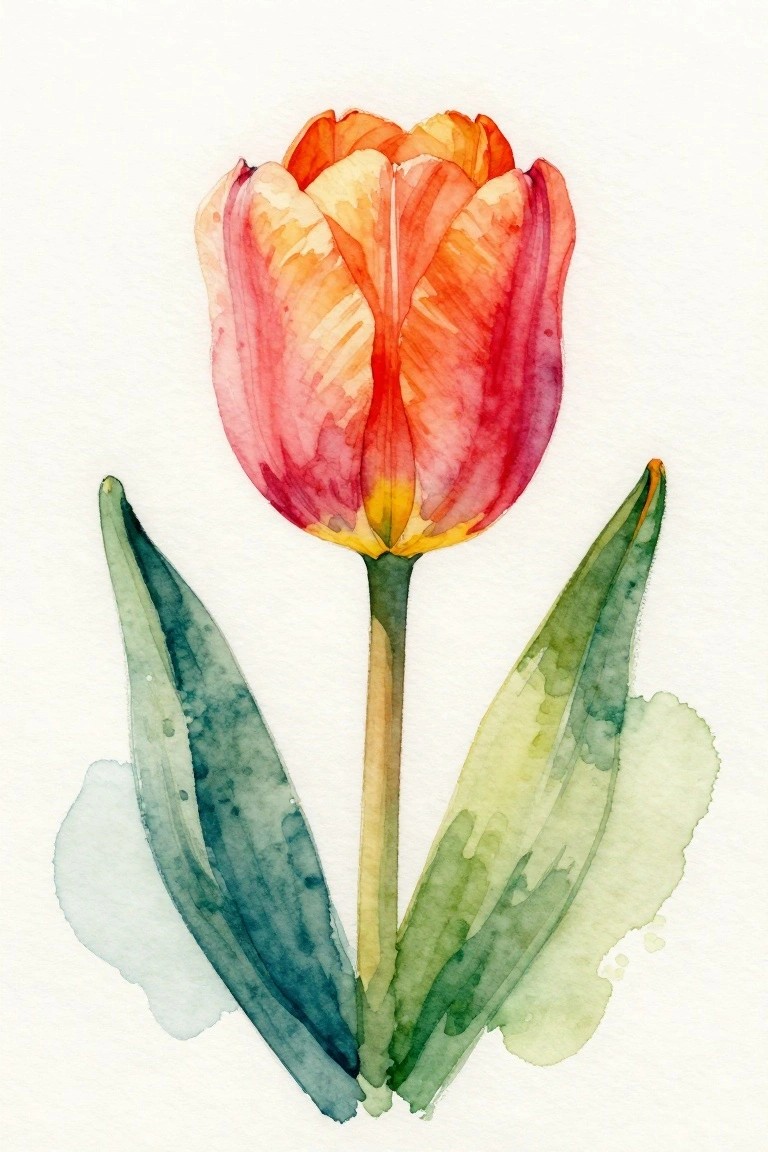 Watercolor tulip with red-orange petals, yellow accents, and green leaves.