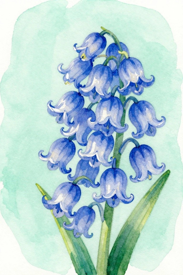 Watercolor painting of bluebell flowers with drooping blue petals on green stems.