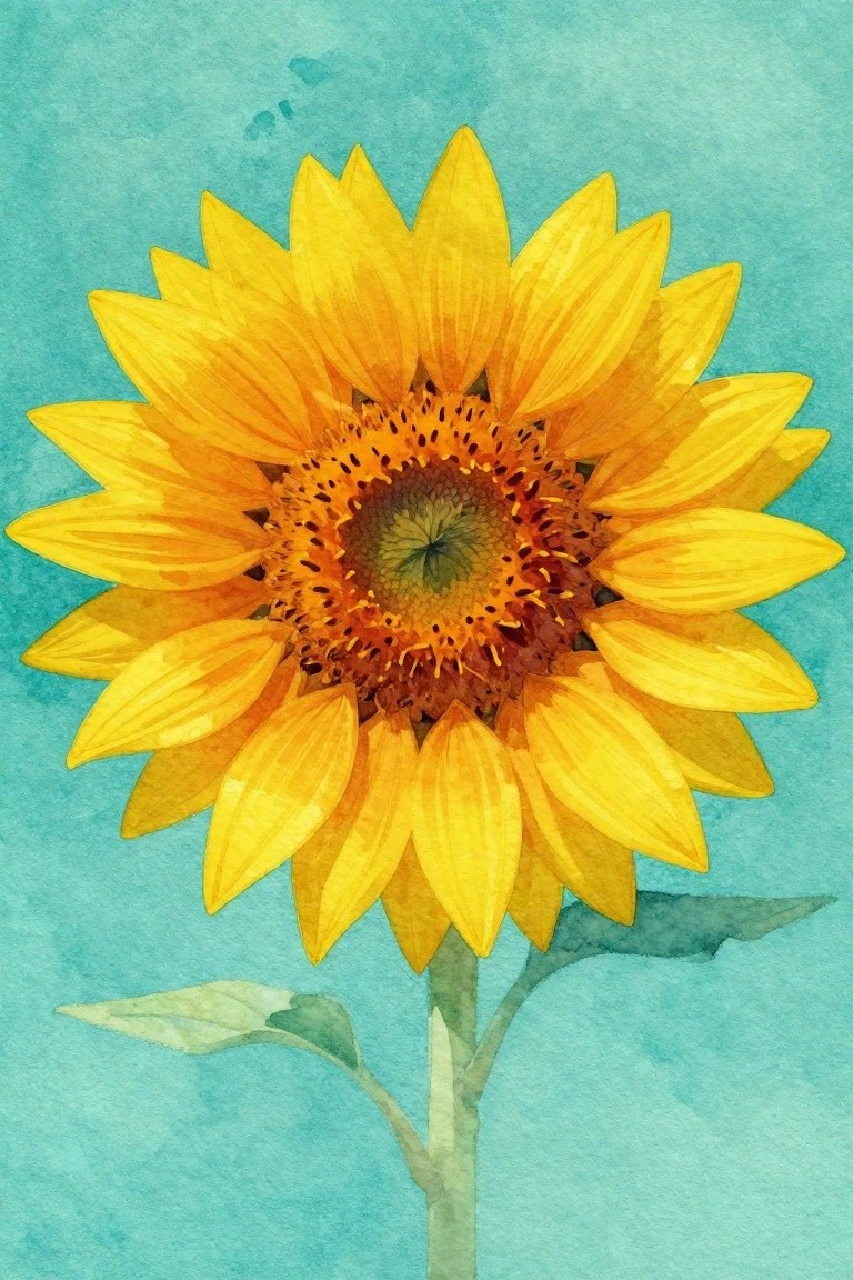 A watercolor-style painting of a yellow sunflower with a brown center against a solid teal background.