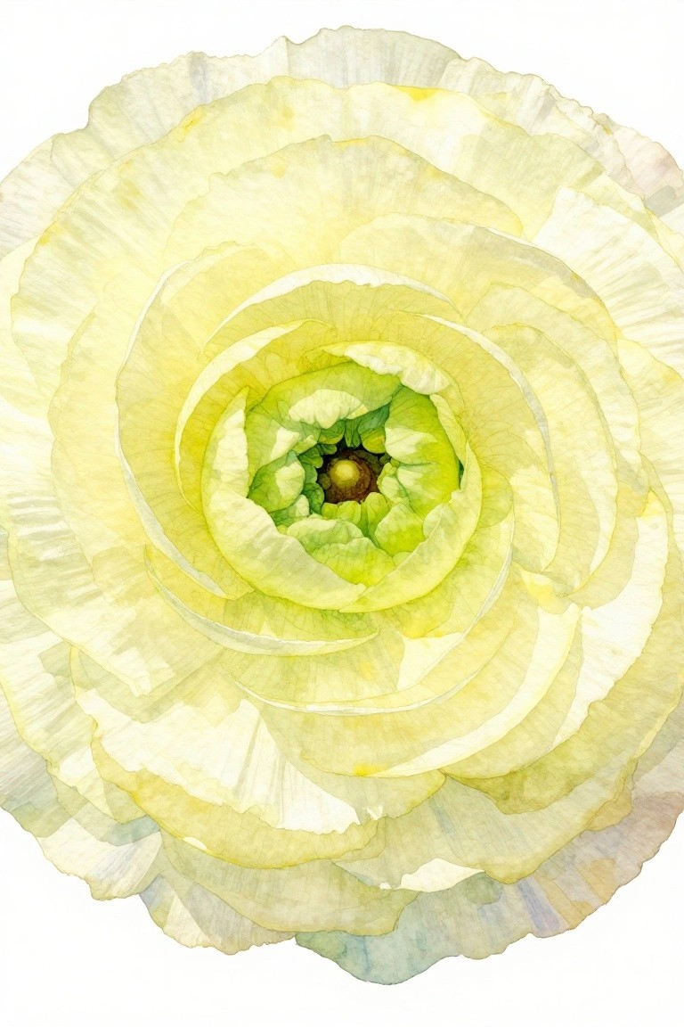 A top-down watercolor of a yellow flower with layered petals around a green and brown center.