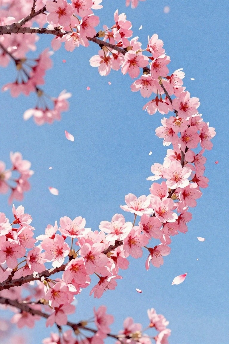 Arc of pink cherry blossoms curving across clear blue sky with falling petals