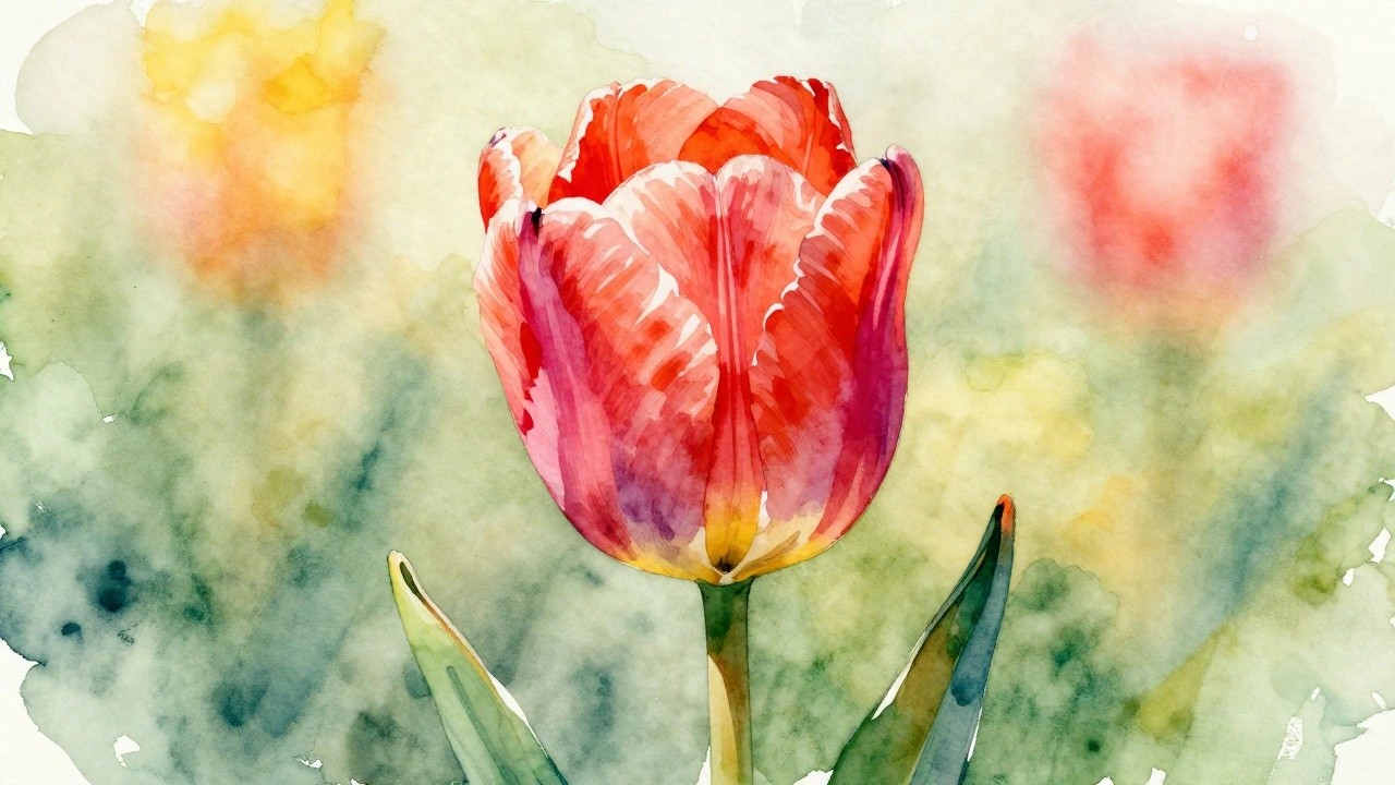 Watercolor tulip with red-orange petals, yellow accents, and green leaves.
