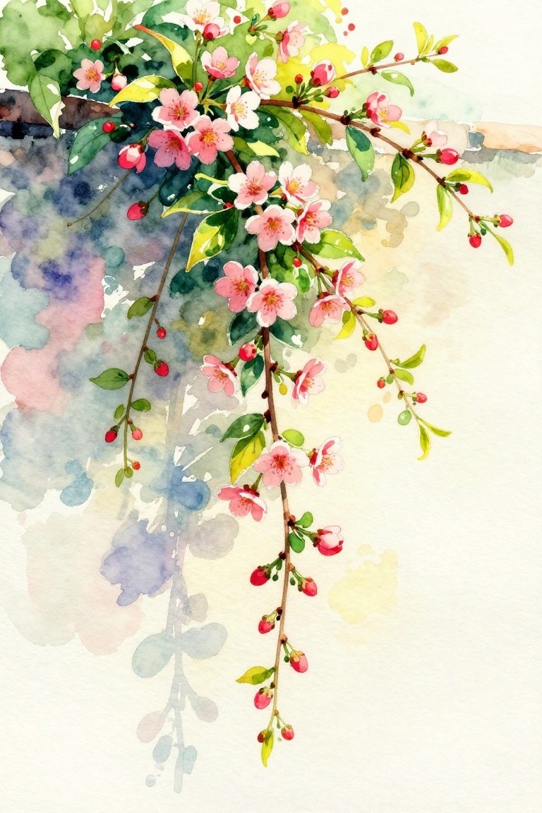 Watercolor painting of pink cherry blossoms with green leaves and red buds on branches