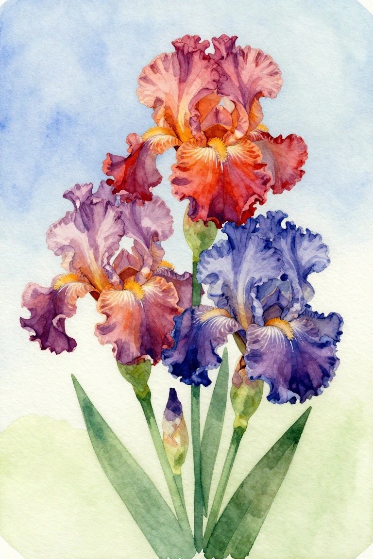 A watercolor painting of three tall iris flowers in orange-red, purple, and blue tones with green leaves and stems.