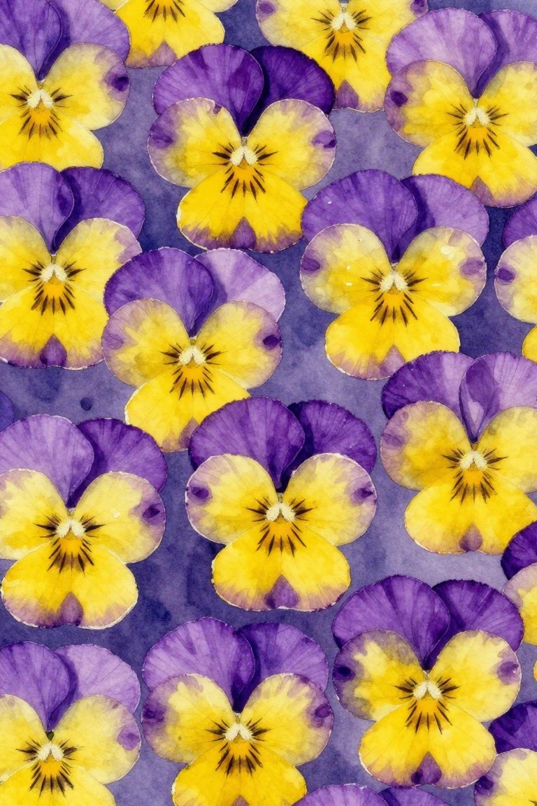Watercolor pattern of overlapping yellow and purple pansy flowers on purple background.