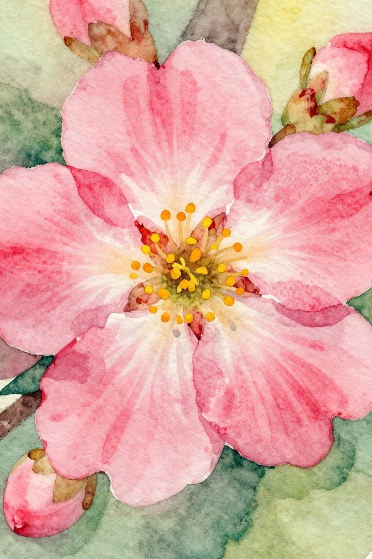 Watercolor painting of pink cherry blossoms with yellow centers and green buds.