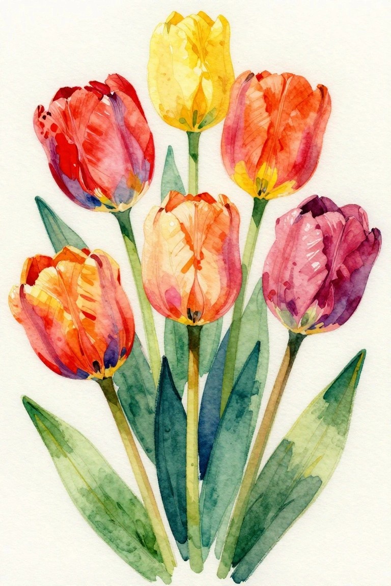 Watercolor painting of colorful tulips in red, yellow, orange, pink, and purple with green leaves.