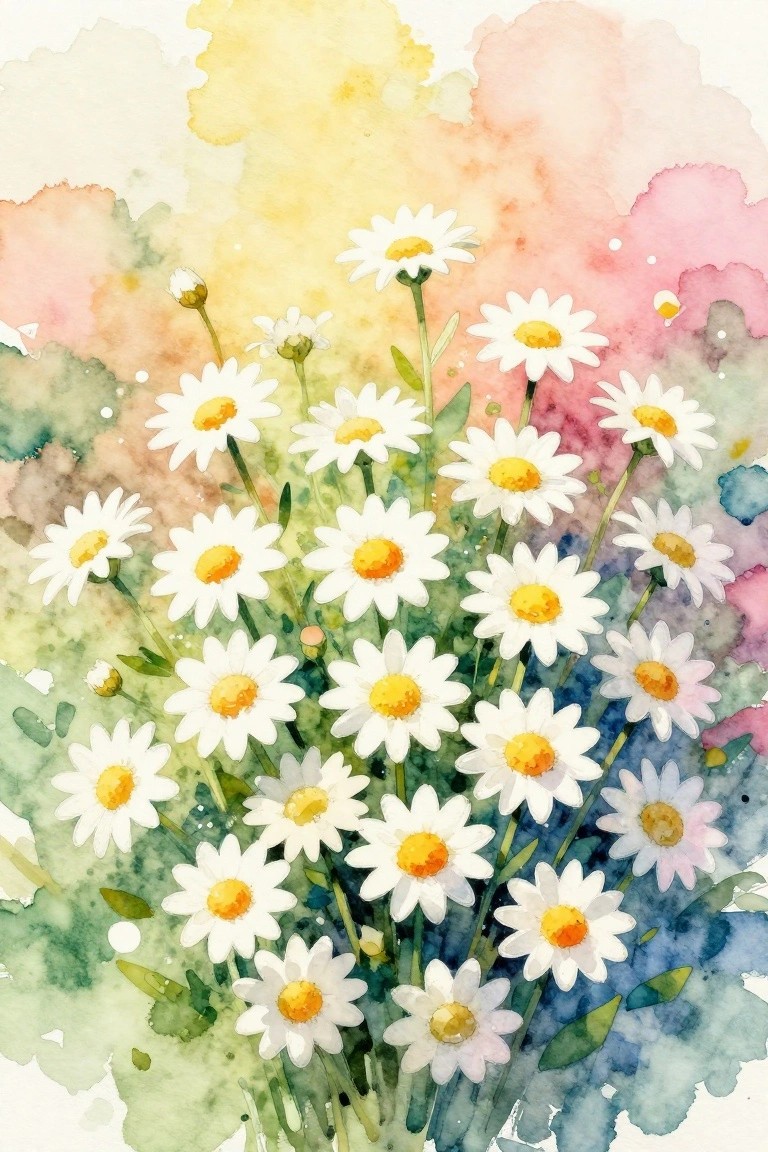 A watercolor painting of white daisies with yellow centers clustered together against a soft multicolored background.
