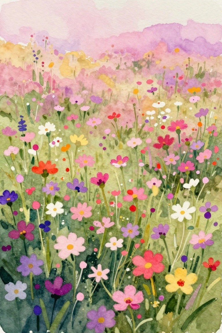 Watercolor meadow of pink, purple, and yellow wildflowers with soft pastel hills.