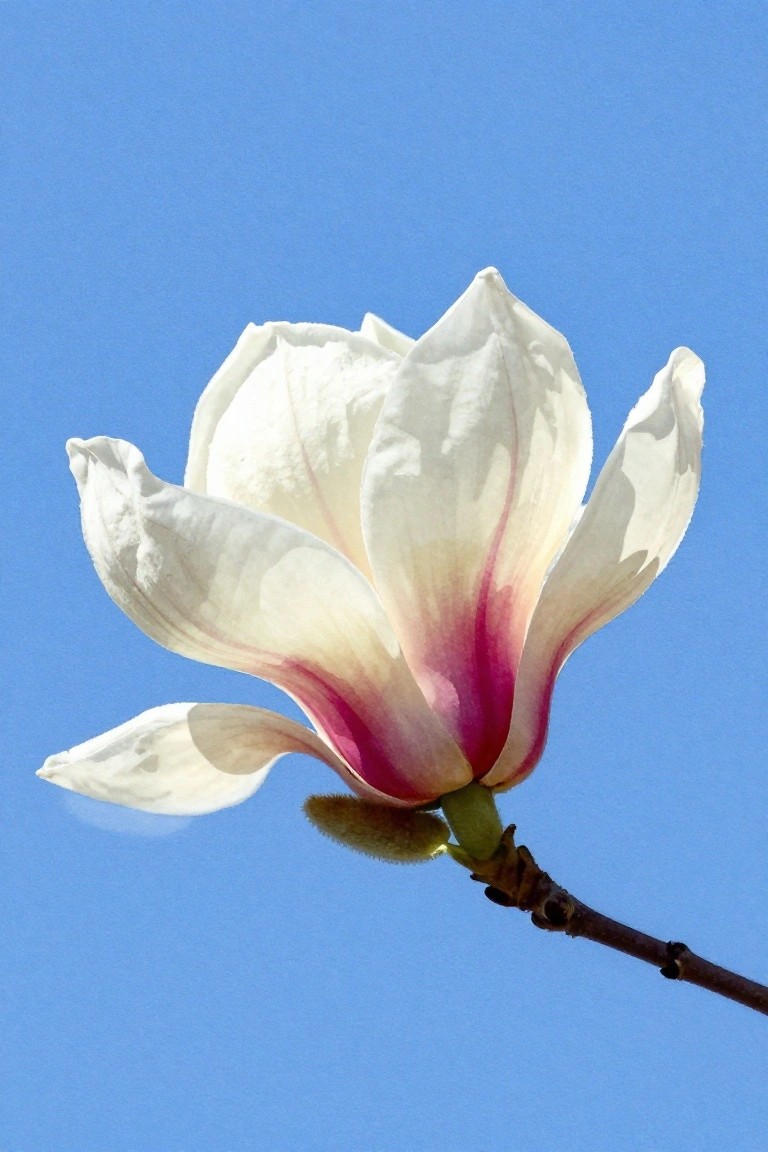 White magnolia flower with pink center on branch against blue sky
