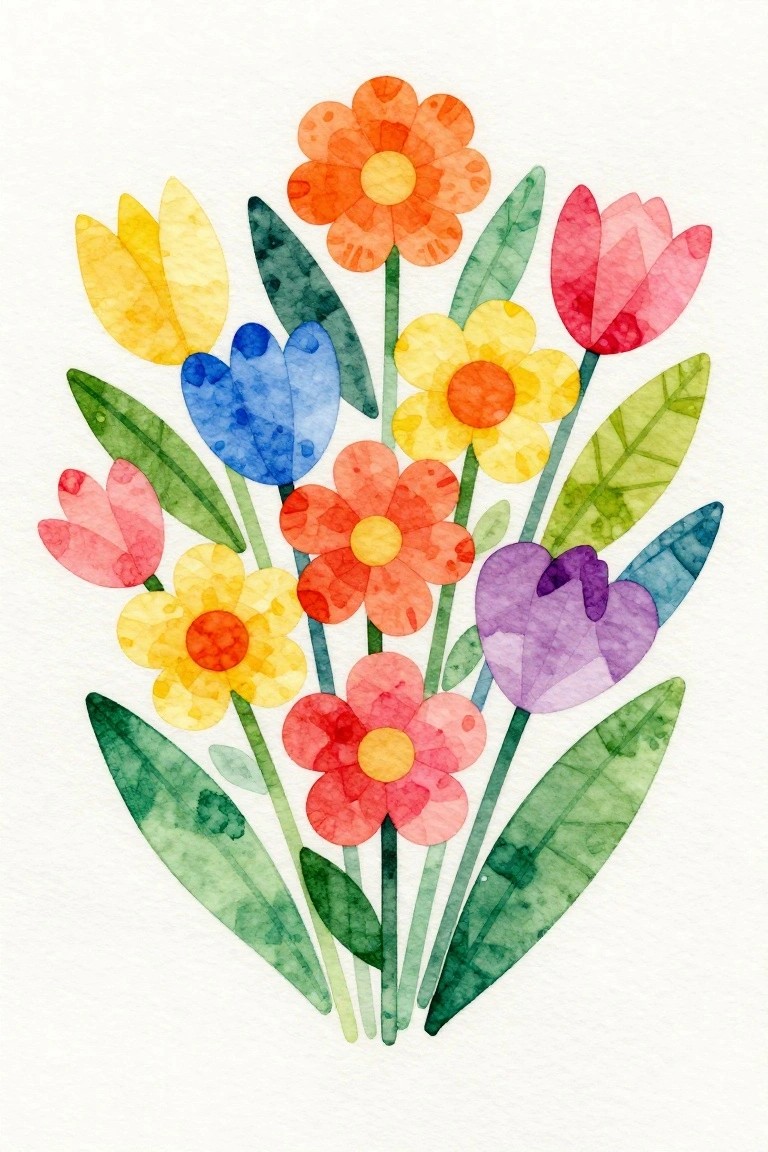A watercolor painting of a bouquet with various colorful flowers including tulips, daisies, and leaves on a white background.