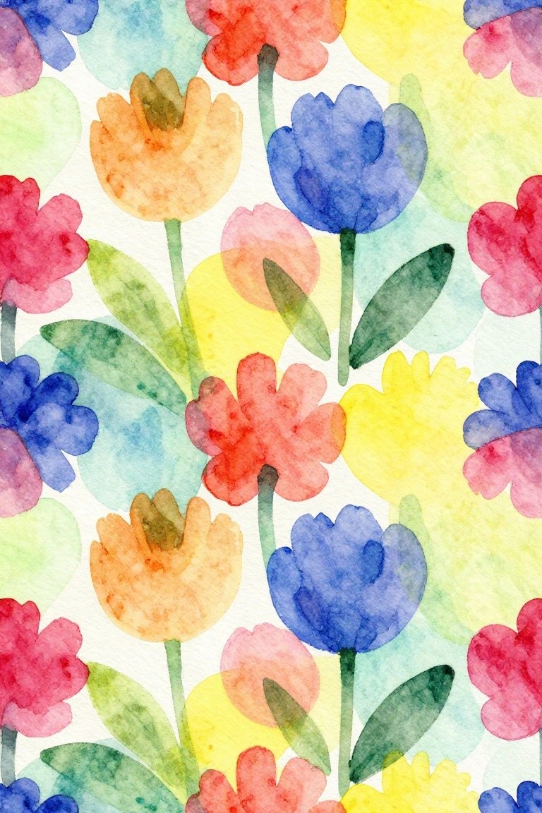 Vibrant watercolor flowers in red, blue, yellow, pink with green leaves