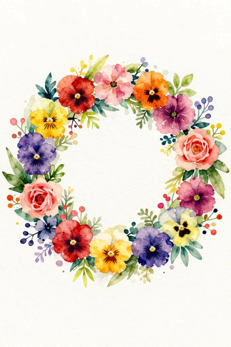 Watercolor floral wreath with colorful roses, pansies, and green leaves in a circle