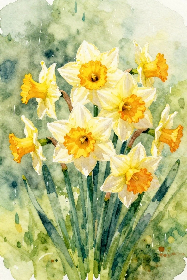 Yellow daffodils with orange centers amid green leaves in rainy watercolor style