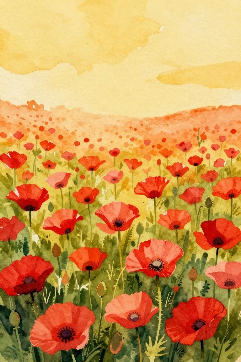 Watercolor field of red poppies with green stems under a yellow sky with hills