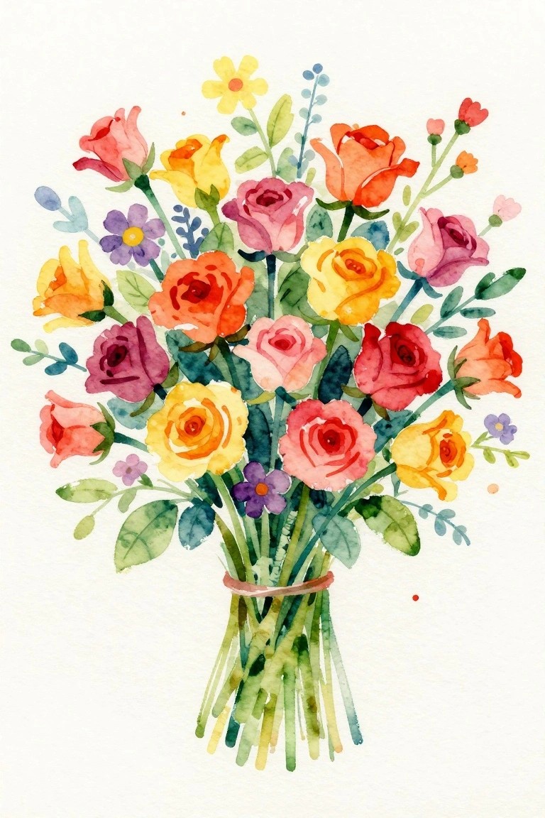 A watercolor painting of a colorful bouquet of roses and smaller flowers tied with string at the base, stems hanging down against a white background.