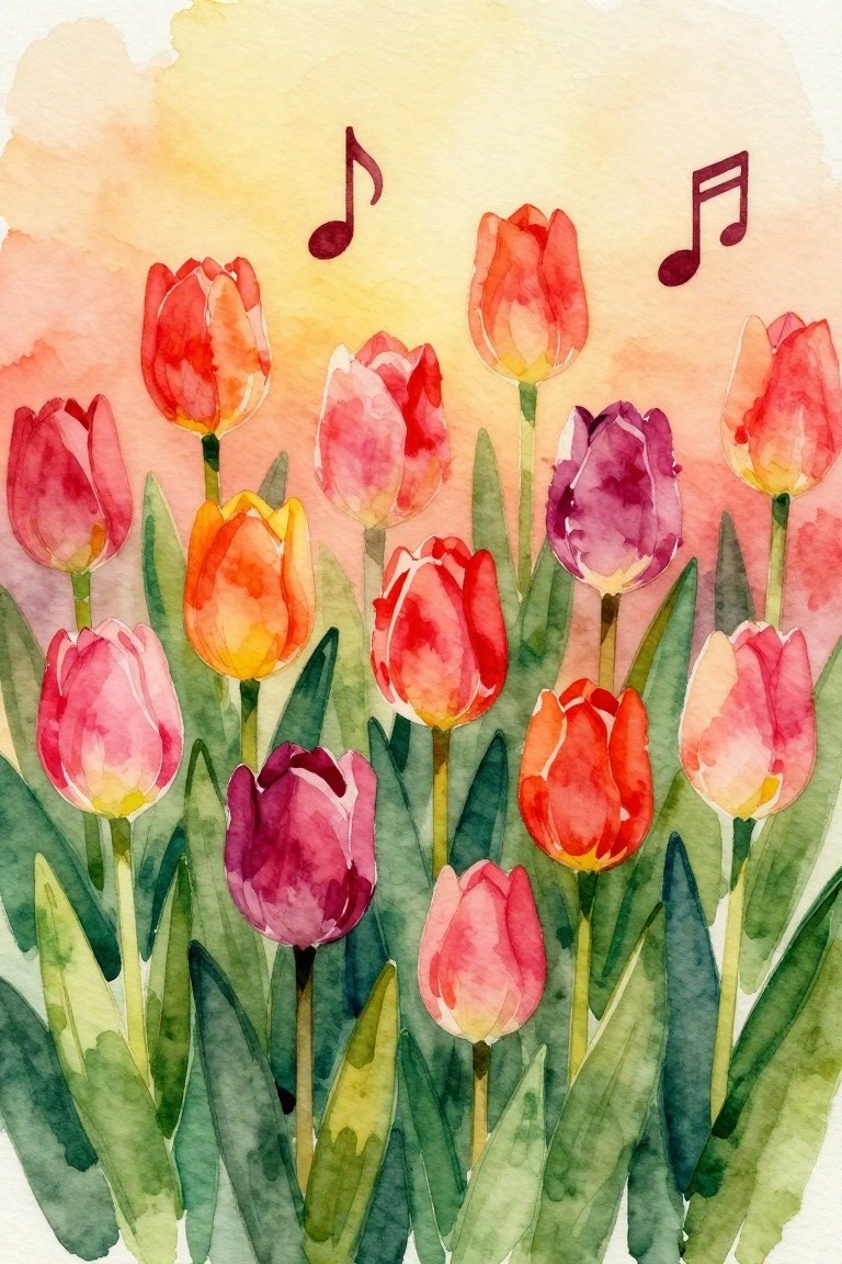 Colorful watercolor tulips with floating musical notes on soft pastel background.