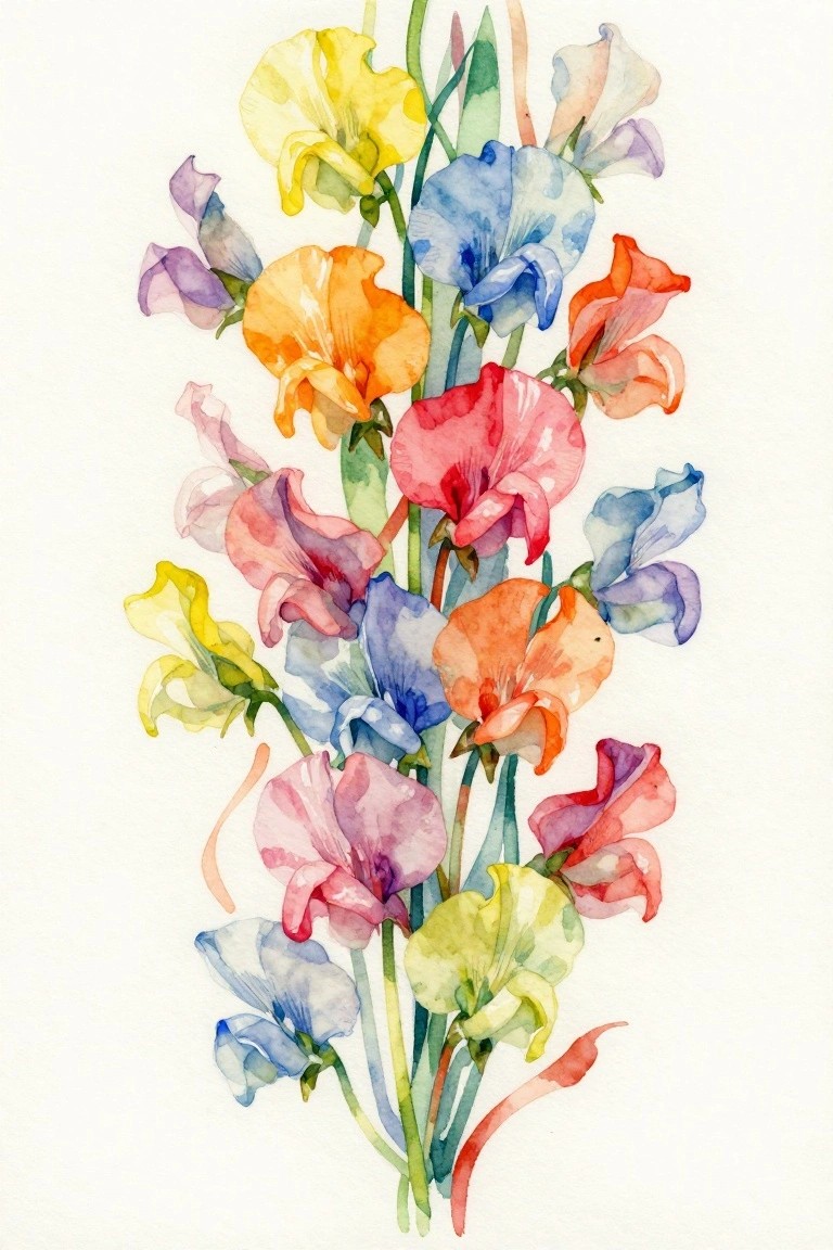 Vibrant watercolor of rainbow sweet pea flowers on tall green stems