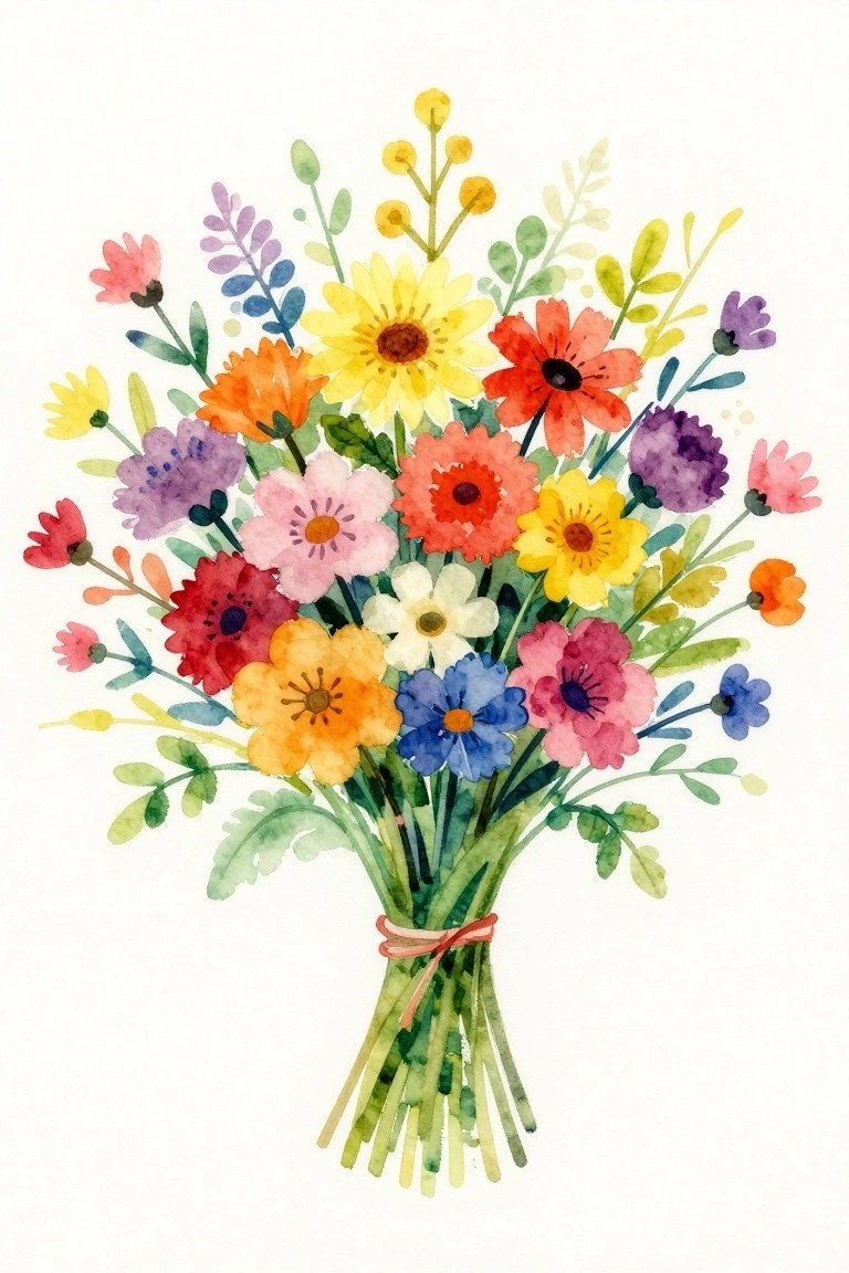 A watercolor painting of a colorful bouquet of assorted flowers tied with a thin ribbon at the bottom.