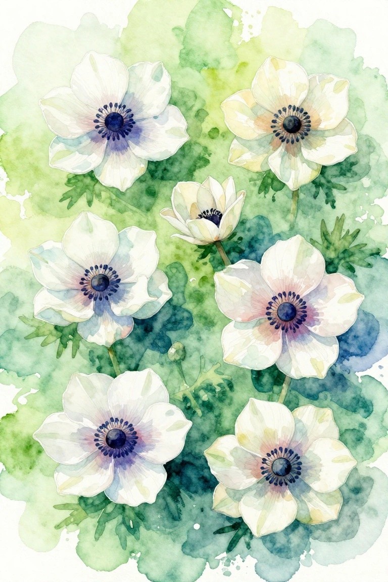 A watercolor painting shows multiple white flowers with dark centers on a green and blue wash background.