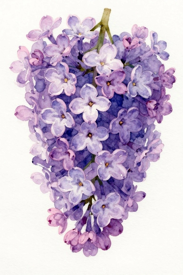 Watercolor cluster of purple lilac flowers with white centers and green stem.