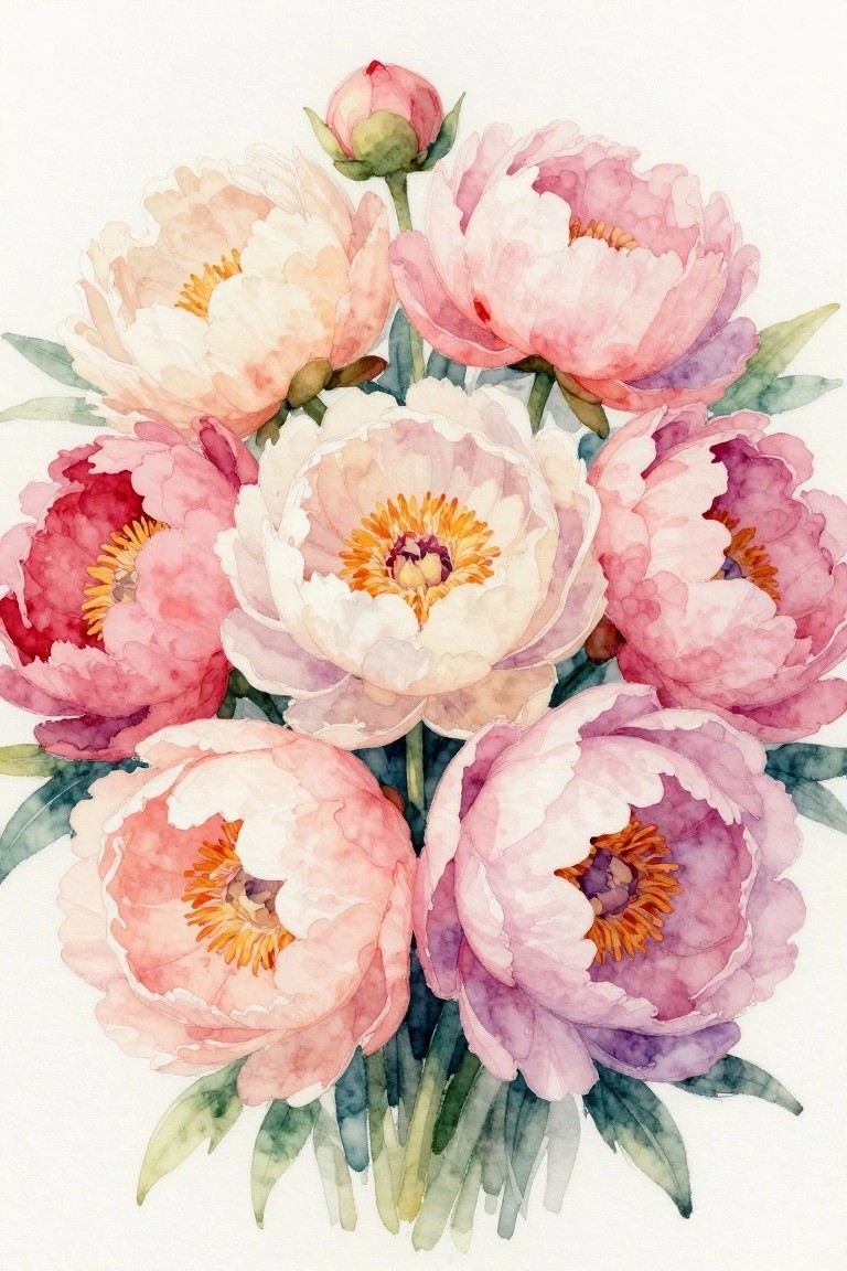 Watercolor peonies in soft pink, white, and purple with green leaves and stems