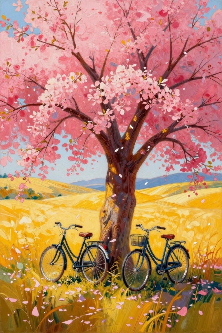 Two bicycles lean against a blooming pink cherry tree in golden fields