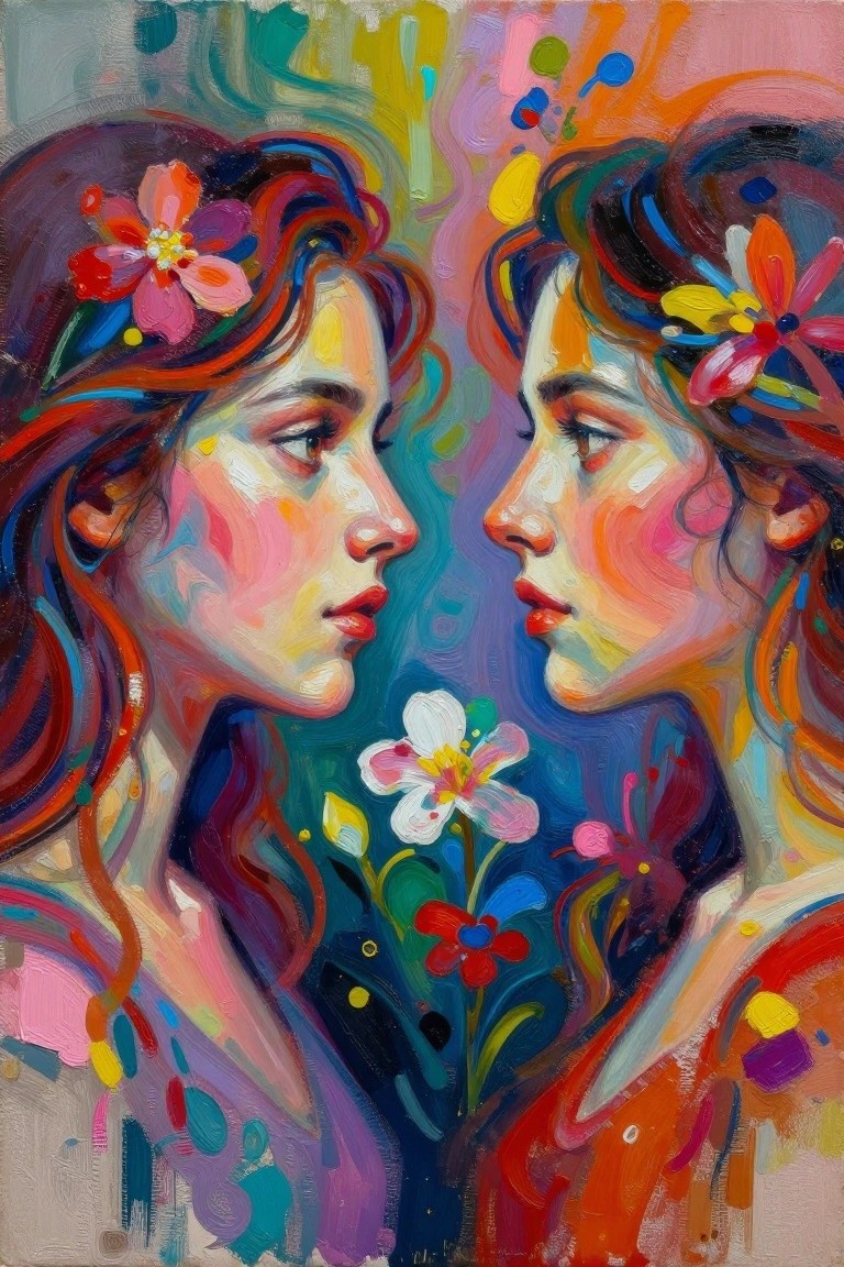 Two women face each other in profile with flowers in their hair against a bright abstract background.