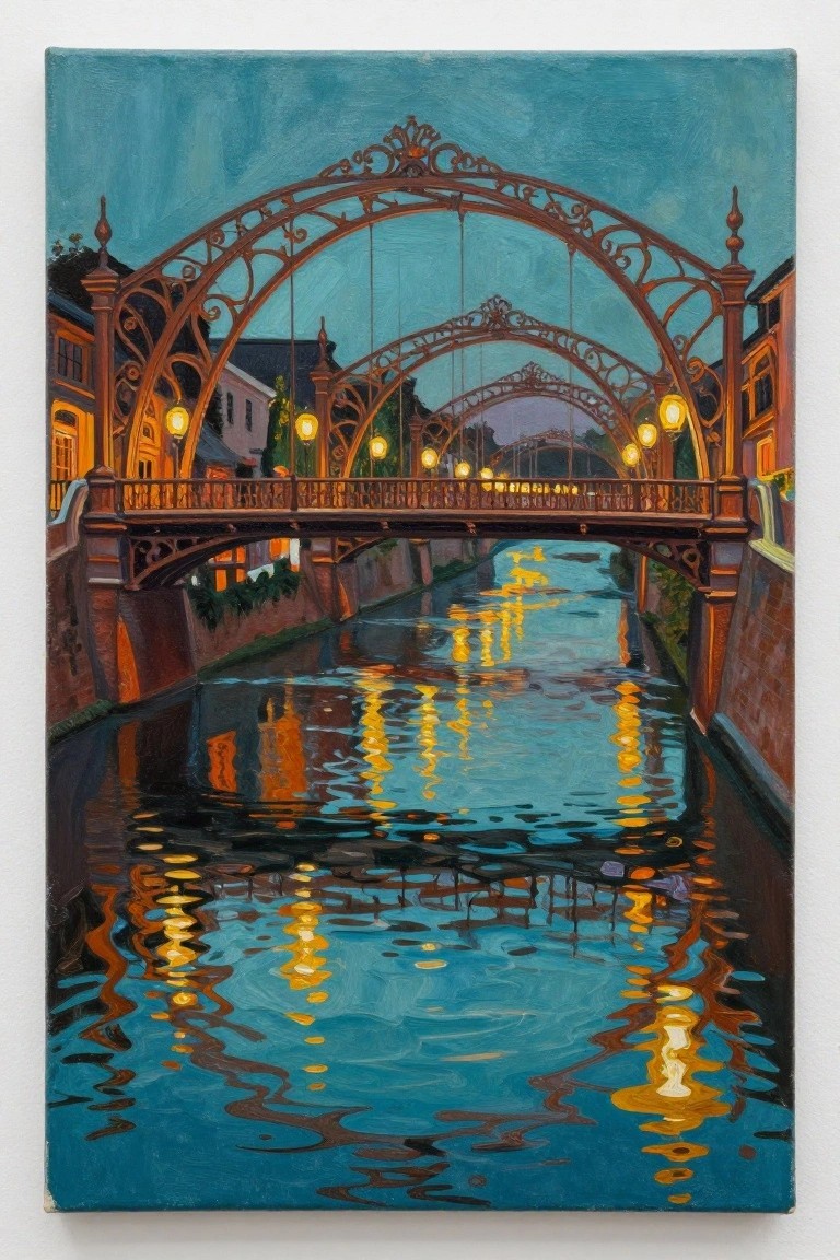 Ornate arched bridges with glowing lamps reflect on a twilight canal.