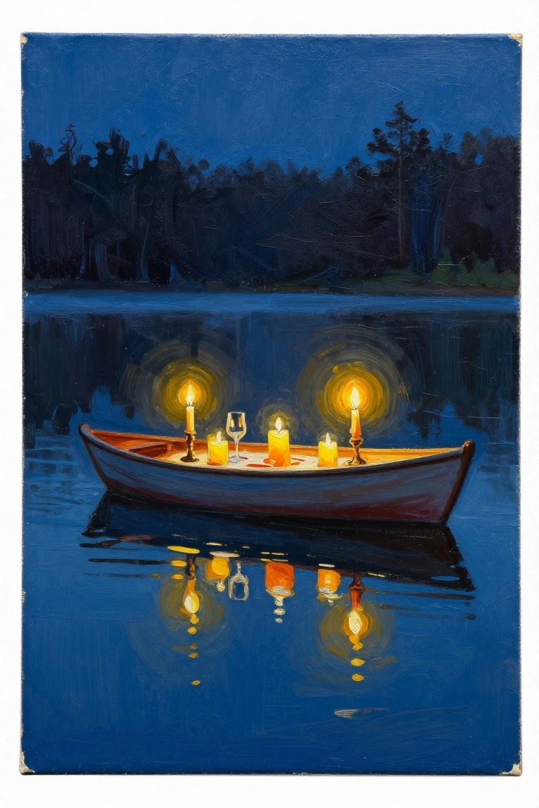 Rowboat with lit candles on dark blue water at night, glowing reflections below.