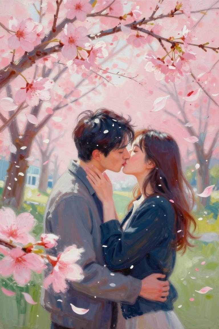 Couple kissing amid falling petals under blooming pink cherry blossom trees in painted style