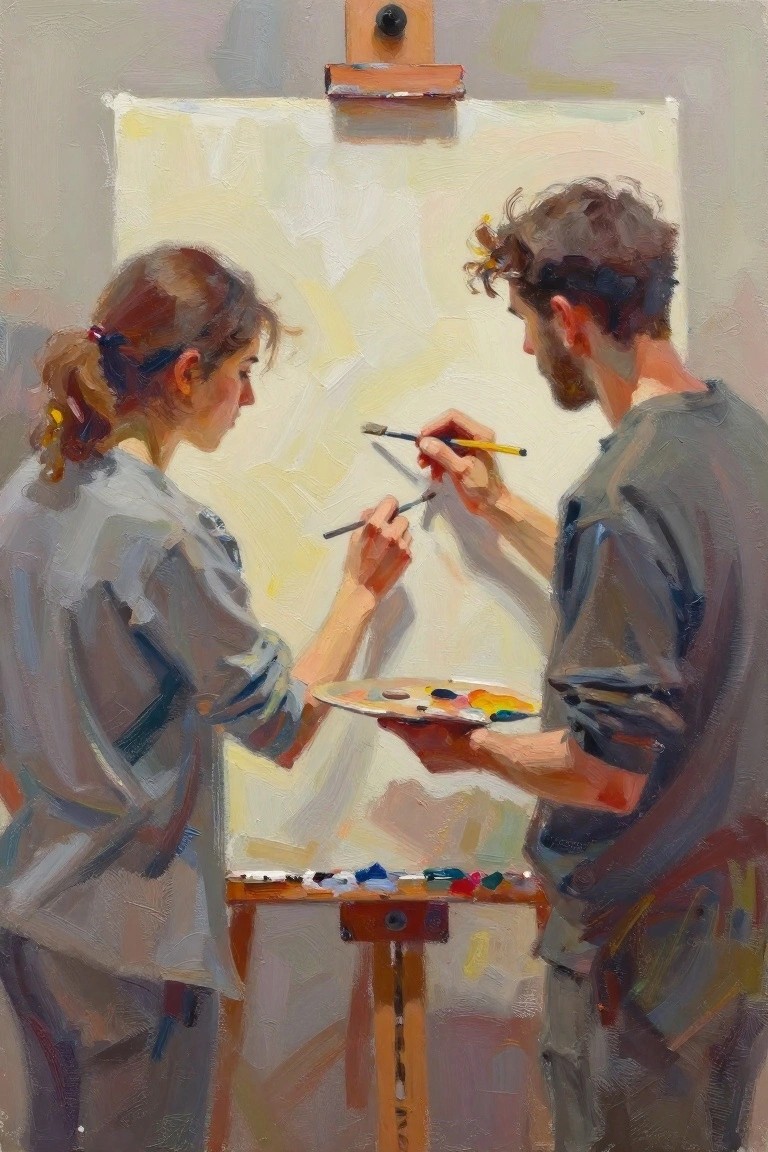 A man and a woman stand side by side in front of an easel, each holding a paintbrush while working on a large canvas together.
