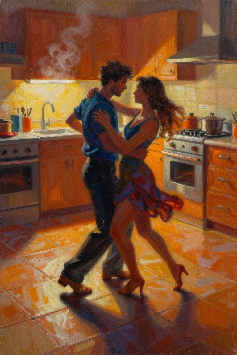 Couple dancing closely in sunlit kitchen with wooden cabinets and warm tones