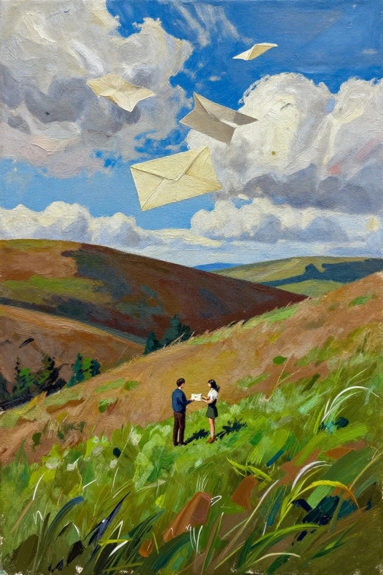 Couple on grassy hill holding letter beneath floating envelopes and cloudy blue sky