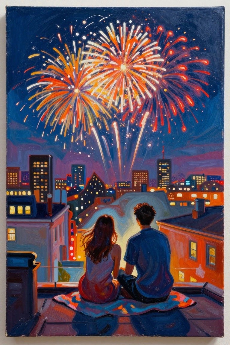 A painting of a man and woman sitting on a rooftop blanket watching orange and white fireworks over a lit-up city at night.
