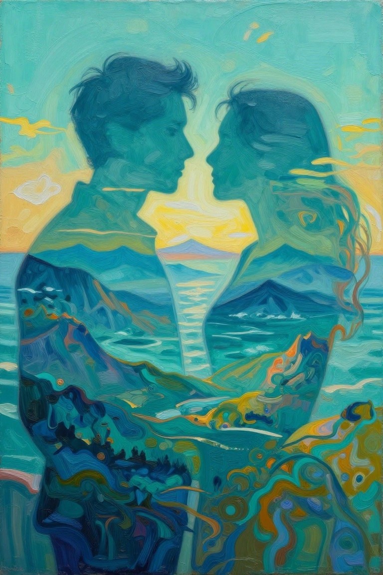 Two silhouetted figures face each other with a landscape of mountains, water, and sunset colors filling their outlines on a turquoise background.