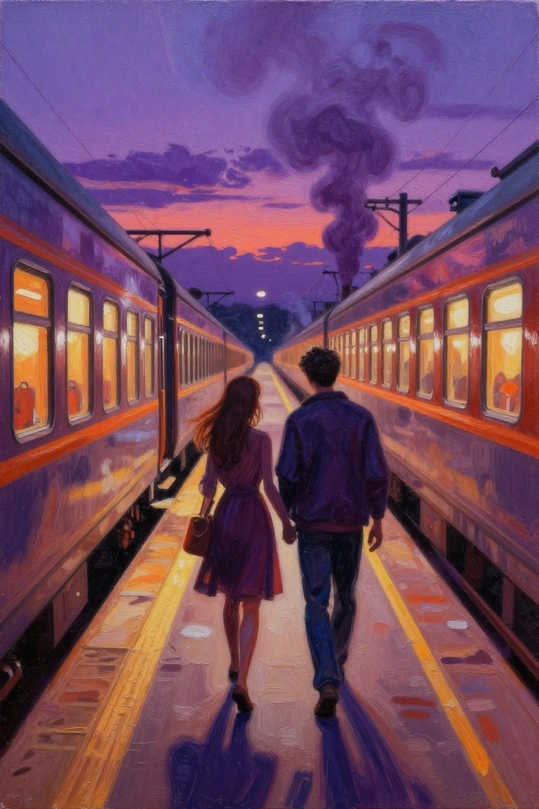 A painting of a couple walking hand in hand between two trains on a platform under a purple and orange sunset sky.