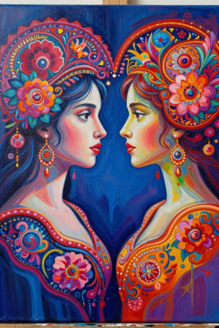 Two women in profile facing each other with elaborate colorful floral headdresses and vibrant attire