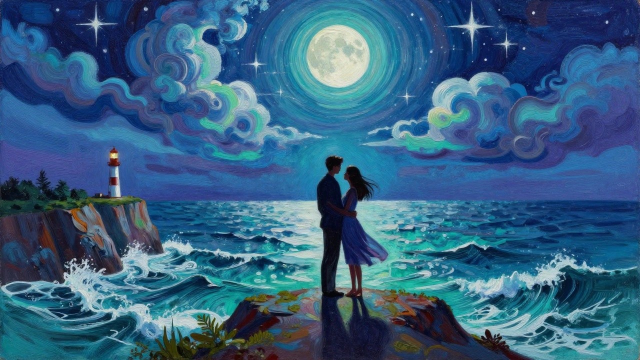 Silhouetted couple embraces on rocky shore by crashing waves under starry moonlit sky with lighthouse.