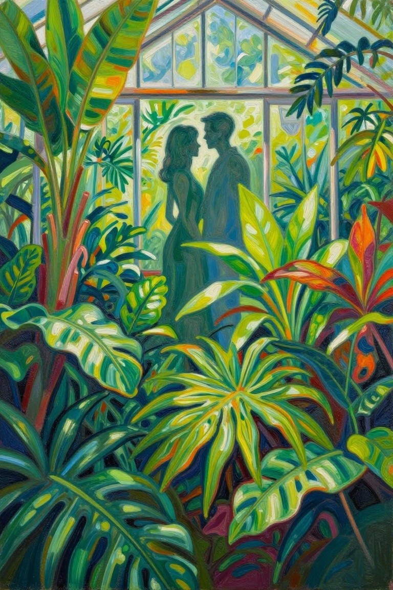 A colorful painting shows a couple standing close inside a greenhouse surrounded by large tropical plants and bright leaves.