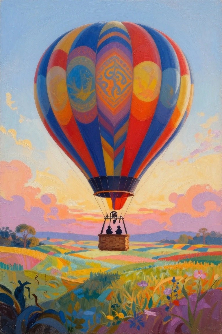 A colorful striped hot air balloon with two people in the basket floats above vibrant patchwork fields under a sunset sky.